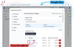 Tenwrite addon for Google Docs lets you publish Google Docs to Blogger (Blogspot)