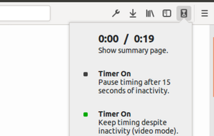 Click the button for a panel that shows both the time spent on the current site today and the total time spent on the web today (h:mm / h:mm). Use this panel to open the summary page or change the timer mode.