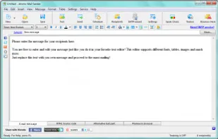 Atomic Mail Sender’s email message  editor with main menu and toolbar for configuring the program.