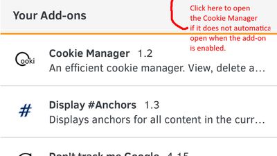 Opening the Cookie Manager in Firefox 53 for Android. If using Firefox 54+, the icon is not shown and the Cookie Manager is only shown when the add-on is enabled.
