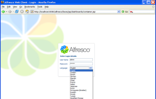 Logging in to Alfresco (over ten languages supported)
