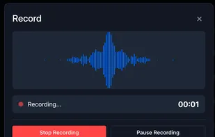 Capture audio directly in your browser with Transpocket's built-in recorder. The interface features dynamic waveform visualization, recording status indicators, and simple controls for seamless voice capture without requiring external software or plugins.