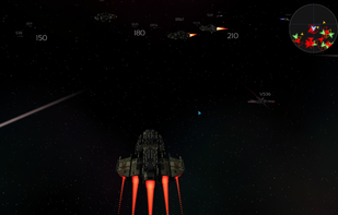 Main screen view from a cruiser near a station being attacked by two enemy cruisers