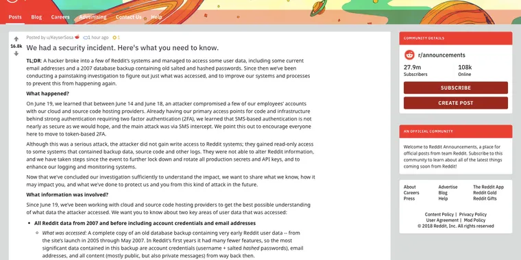 A hacker stole a Reddit database backup from 2007 that includes passwords image