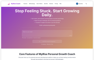 MyRise Coach landing page with hero input box for a free growth snapshot, a carousel of 8 evidence-based principles, and a ‘How it works’ section outlining assessment, plan, daily coaching, and tracking