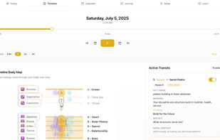Timeline Scrubber: Glide across days and watch how focus shifts through your body. Plan ahead for launches, dates, rituals, and deep work.