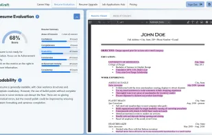 Resume Evaluation screen -- Have your Resume rated by AI across 6 dimensions and 20 red flags. Receive itemized suggestions. Downloadable report.
