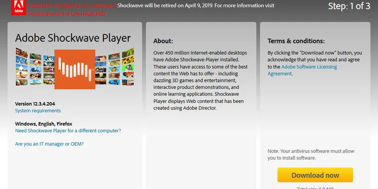 Adobe Shockwave Player will be discontinued on April 9th image