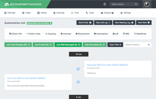The timeline feature allows you to view records of client emails, SMS messages, telephone calls, meetings and changes to their information all in one place.
