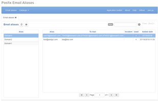 Main user interface for existing aliases. Click on "Save" will create a new virtual file and execute postmap Postfix command. 