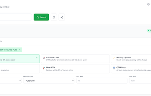 Options Finder allows traders to search and filter option contracts by symbol using strategy-focused presets such as cash-secured puts, covered calls, weekly options, and near-ATM setups.