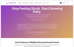 MyRise Coach landing page with hero input box for a free growth snapshot, a carousel of 8 evidence-based principles, and a ‘How it works’ section outlining assessment, plan, daily coaching, and tracking