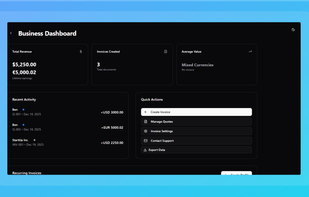 A powerful, clean dashboard to manage your freelance business. Track your total revenue across multiple currencies, monitor recent activity, and access quick actions like creating invoices or quotes in one click.