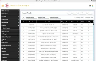 The eSales Analyst Stock Details screen provides a complete real-time view of product inventory, including item names, categories, purchase and sale prices, current stock levels, minimum stock alerts, and warehouse locations. It helps businesses track stock efficiently and avoid shortages or overstock issues.
