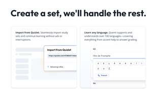 Title reads: "Create a set, we'll handle the rest." Graphics show an "Import from Quizlet" dialog and accent help menu in the study set editor.