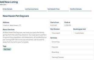 The "Create a listing" page showing a simple description of a user's business as well as the services offered.