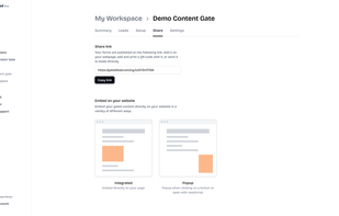 Share gated content by url or embed as form or popup on your website