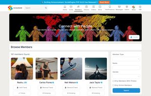 This image displays the member directory page on a SocialEngine platform, allowing users to browse and connect with other members based on various criteria.