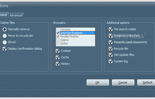 Accessing the General tab of the Options window, you can select the type of file deletion and the Internet browser to clean.