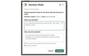 Slack modal for closing a decision with a clear owner, approval outcome, and recorded rationale.