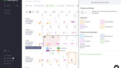 Your teammates can add their availability status right on the calendar. National holidays for 200+ countries are already built in. Turn on Slack, Mattermost, or email notifications to keep your team in sync about the work schedule