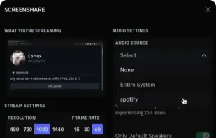 A dialog showing screenshare options