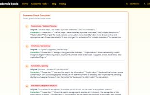 Detailed feedback explains each suggested correction, helping users understand academic writing standards and improve clarity, consistency, and scholarly tone in their documents.