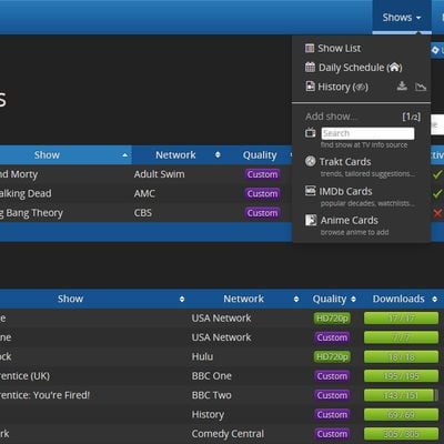 Custom sections used to group shows