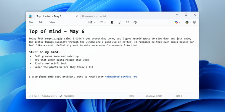 Notepad for Windows 11 adds text formatting, Markdown support, and new toolbar image