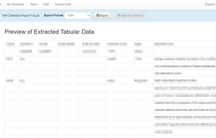 Preview extracted data, tweak tabular data extraction, then export in desired format, such as csv.