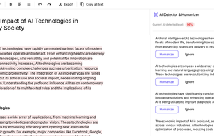 Screenshot showing Litero AI's "AI Detector & Humanizer" feature in action. The tool highlights AI-detected text and provides options to humanize or ignore sections, helping ensure originality and natural tone in academic writing.