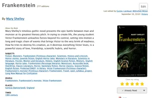 Single book view for Frankenstein showing it with rating and listed as "already read"