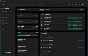 The project dashboard provides an overview of service states, resource usage, and CI/CD workflows for dev teams.