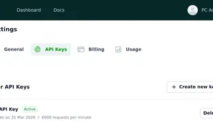 User settings screen to set up API keys
