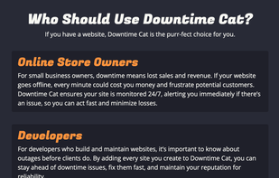 Who should use Downtime Cat? Online Store Owners. Developers. Website Managers.