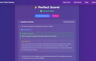 quiz results with detailed explanation