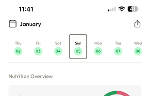 Dashboard that shows goal progress, macro progress, and a meal gallery.