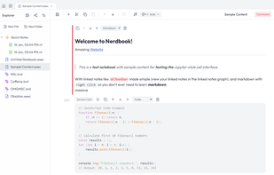 Workspace with a nerdbook file opened (Allows markdown, runnable code and image/tables)