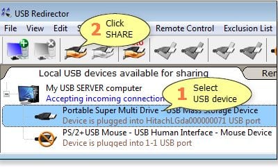 Share required USB device on USB server.