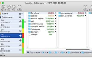 Find the space hogs
BackupLoupe shows you which files take up the most space in an instant. Scanned snapshots are color-coded so you can tell the big ones from the small. Select a snapshot and the browser view will list all items that have been backed up ordered by size in descending order.
