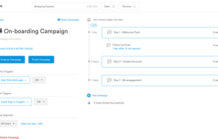 Engage along the full customer journey with Leanplum’s Mobile Marketing Automation solution. In response to personalized behaviors, you can set up a series of self-activating messages.