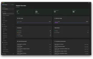 Cluster Overview
Get a comprehensive dashboard showing Nodes, Pods, Deployments, and Services. Visual metrics display CPU and memory usage, pod status, and top resource consumers.