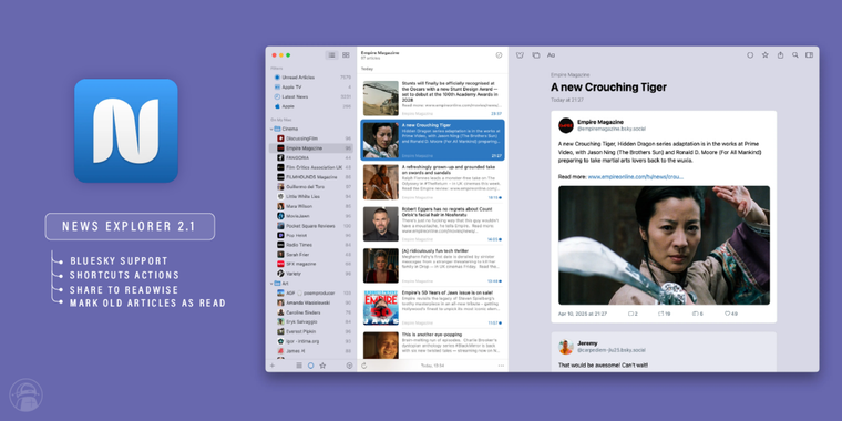 News Explorer 2.1 is now available, with Bluesky support, Shortcuts actions and more image