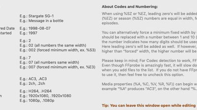 Available codes to create your own filename and/or directory names