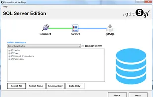 3. gitSQL.
Export to a Source Control Directory
Export, creates flat file SQL statements of objects from SQL Server
The data option creates a flat file version of the data from Tables