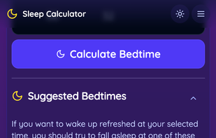 After tapping Calculate, the app reveals a “Suggested Bedtimes” section. It lists three color-coded cards—for example 9:15 PM (9 h • Ideal for recovery), 10:45 PM (7 h 30 m • Optimal), and 12:15 AM (6 h • Minimum)—each accompanied by an icon indicating sleep-quality level. A brief “Sleep Quality Guide” legend appears at the bottom to explain the color codes.