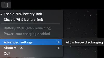 Advanced settings option for battery 1.1.4 menu bar icon