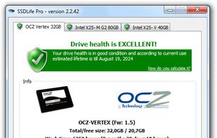 Sample of SSDlife output for OCZ Vertex SSD drive.