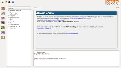 eSim main window provides frontend to create projects for drawing schematic,PCB layout and doing circuit simulation.