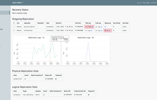 Monitor extensive replication metrics, including lags at primary and standby servers, physical and logical replication slot information, and standby recovery progress.